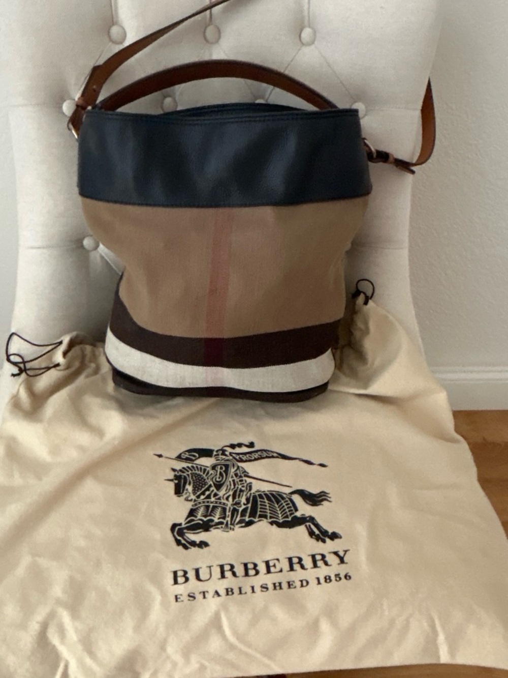 Burberry Black & Brown Canvas Leather Tassel Bucket Shoulder Bag - Picture 2 of 5